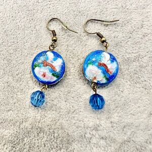 Cloisonne Blue Enamel Butterfly With Blue Crystal Dangle Wire Closure Earrings